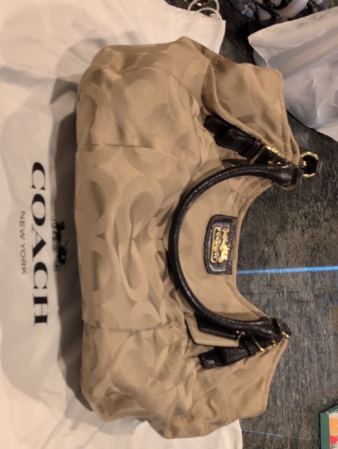 Coach Beige Signature Shoulder Bag With Dark Brown Leather Trim